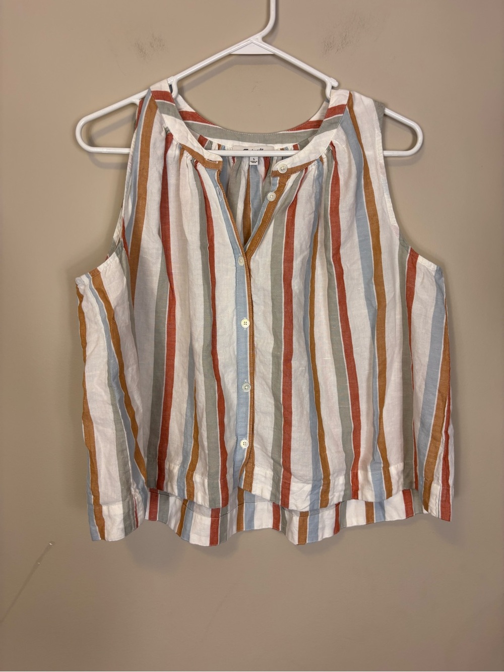 Madewell Striped Button-Front Sleeveless Tank in White with Multi-Color Stripe L